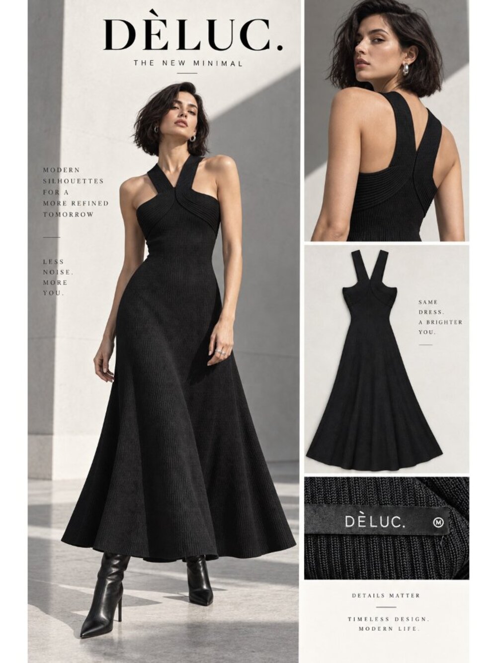 DÈLUC Black Knit Maxi Dress M Strappy Cutout Fit & Flare Minimalist Elegant